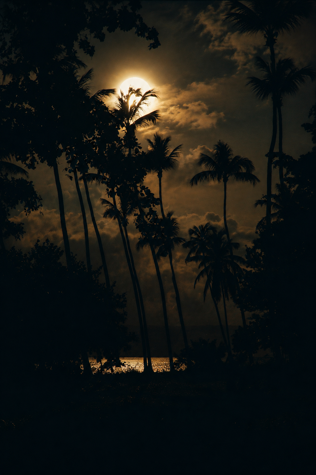 Intense sunlight through silhouetted palm trees in Santo Domingo