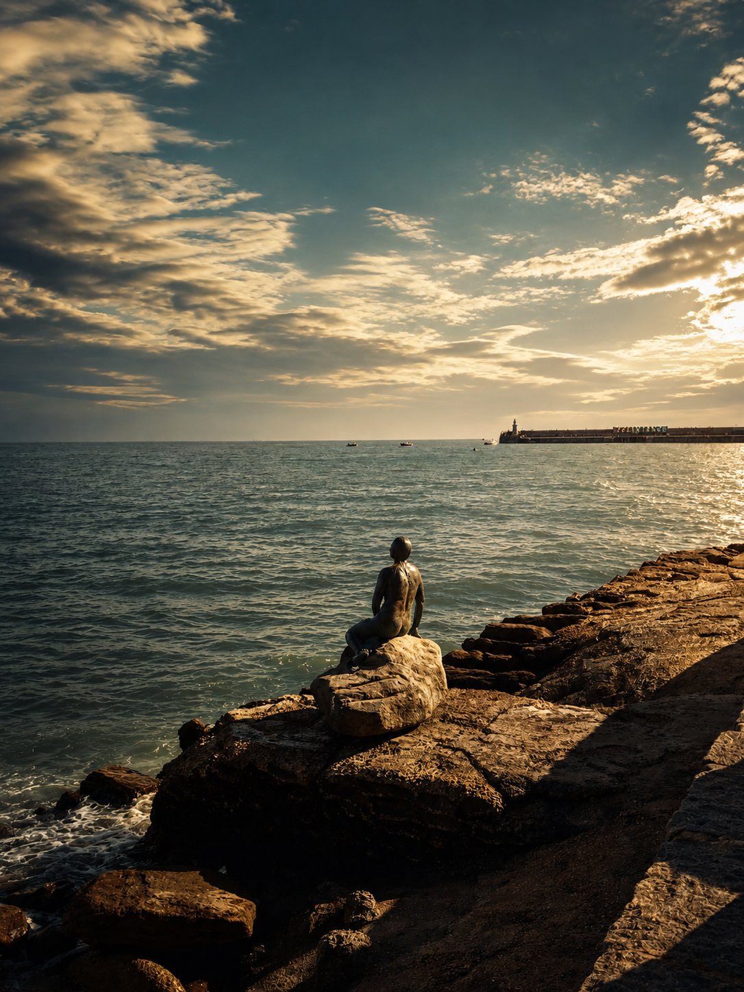 A seated statue on the rocks at Folkestone looking out towards the sea and horizon at sunset