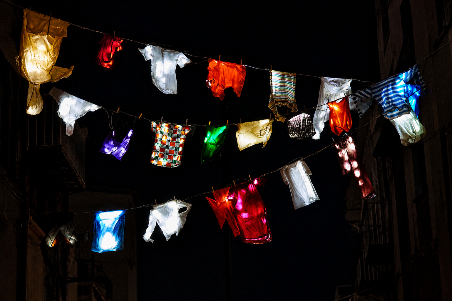 Illuminated laundry suspended between buildings in Naples' Quartieri Spagnoli at night